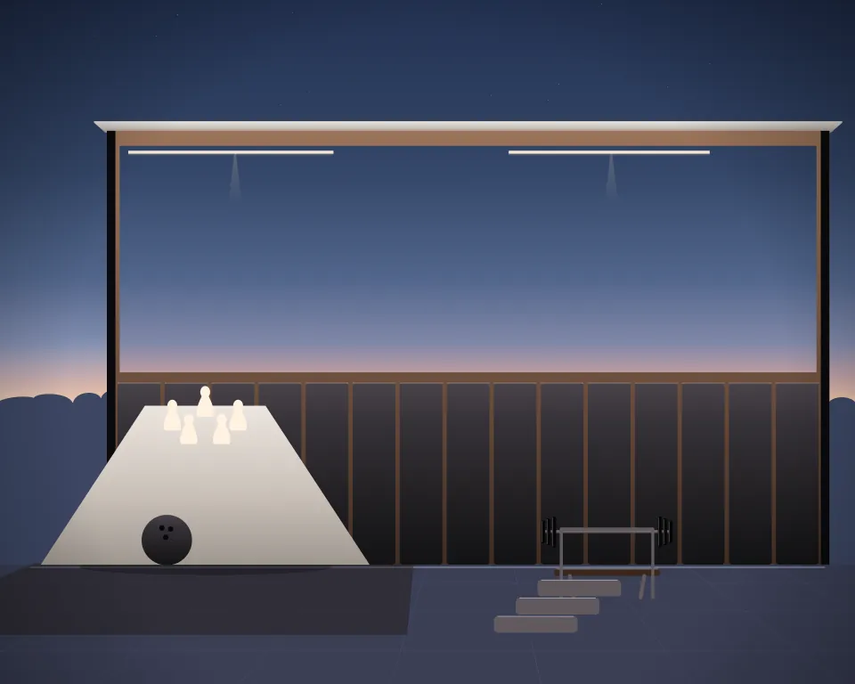 Illustration: an unmarked bowling lane with pins and a bowling ball, with bench in a second practice bay in a generic dojo room, three separate practice zones, at late blue hour. Generic artwork, not a depiction of a listed venue.