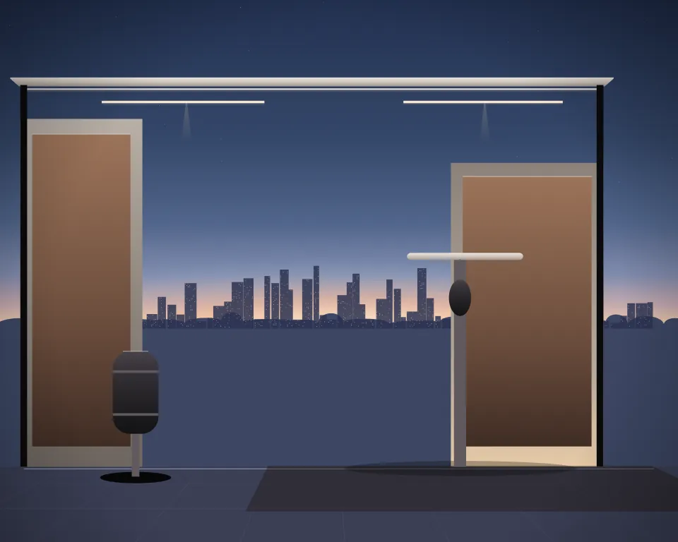 Illustration: a speed-bag platform, with bag in a second practice bay in a generic urban courtyard, a tall station at the right, at early blue hour. Generic artwork, not a depiction of a listed venue.
