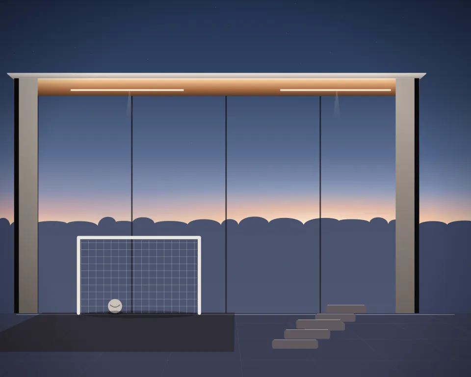 Illustration: a small netted football goal and ball, with steps in a second practice bay in a generic glass training hall, three separate practice zones, at late blue hour. Generic artwork, not a depiction of a listed venue.