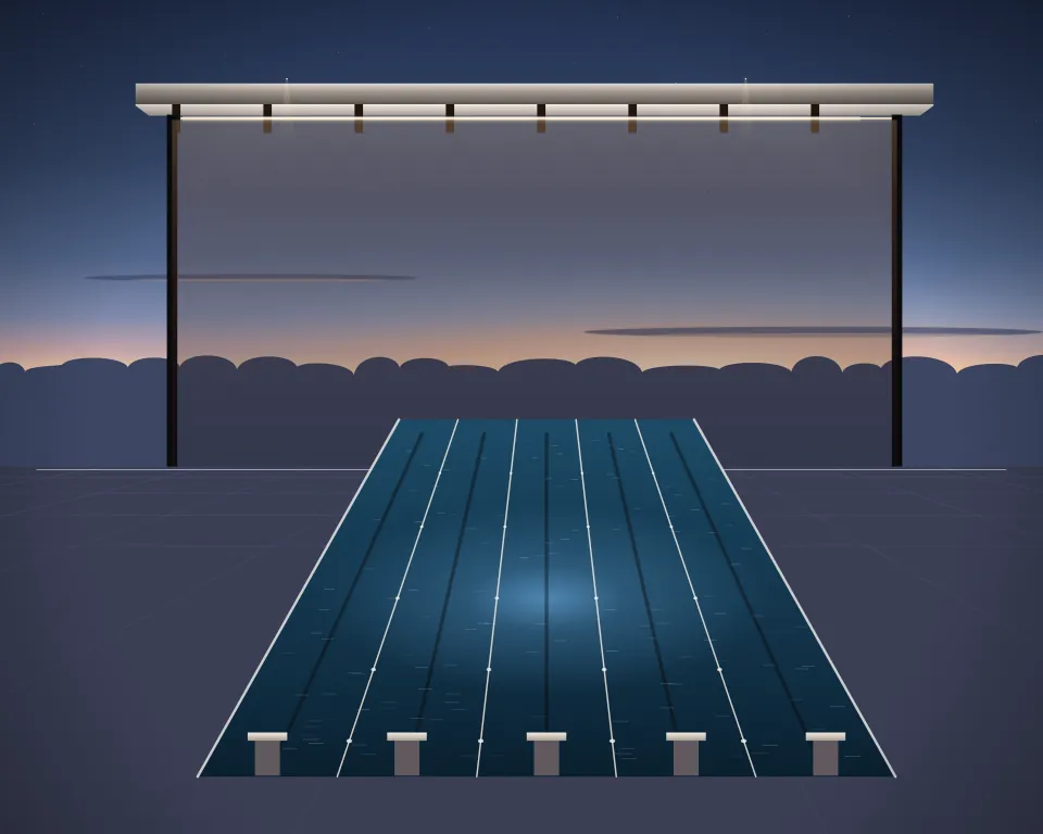 Illustration: a lap pool with distinct lane ropes, starting blocks and submerged blue lighting in a generic open training canopy, a central feature and foreground equipment, at early blue hour. Generic artwork, not a depiction of a listed venue.