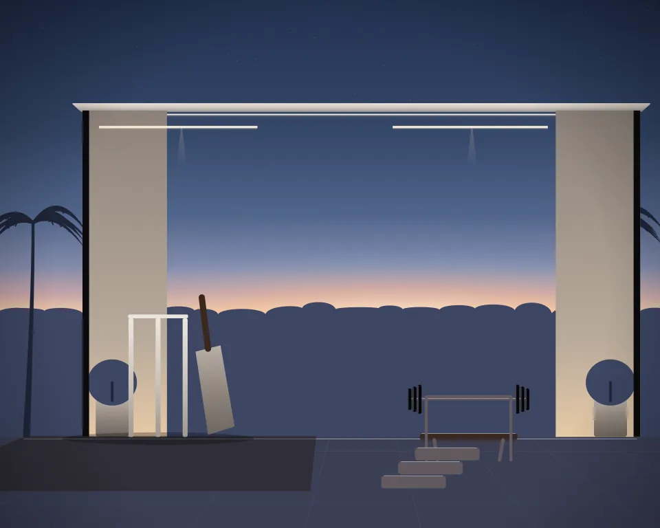 Illustration: a cricket wicket and an unmarked bat, with bench in a second practice bay in a generic garden studio, three separate practice zones, at late blue hour. Generic artwork, not a depiction of a listed venue.