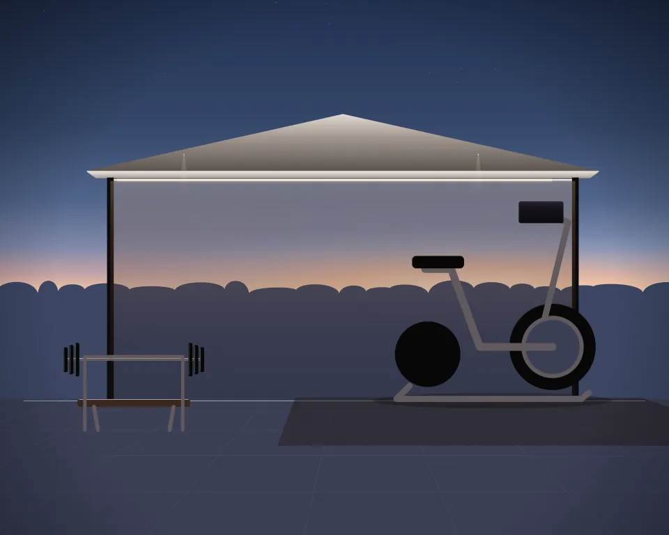 Illustration: a stationary training bicycle, with bench in a second practice bay in a generic open training canopy, a right-weighted view, at early blue hour. Generic artwork, not a depiction of a listed venue.