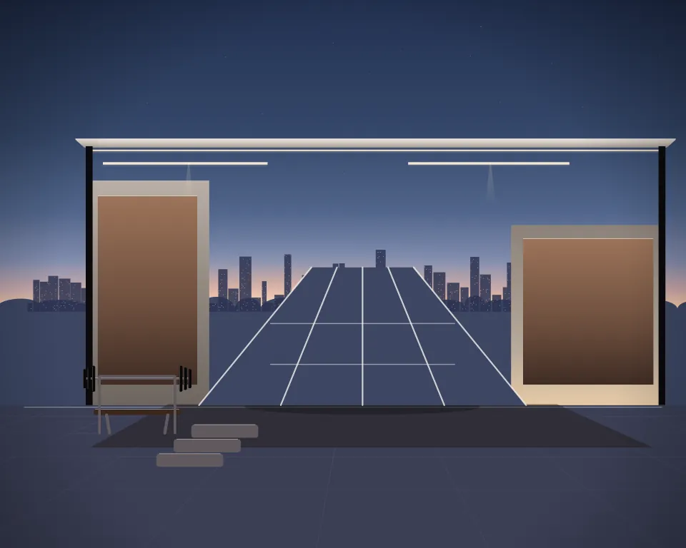 Illustration: a set of empty running-practice lanes, with bench in a second practice bay in a generic urban courtyard, a close central equipment study, at late blue hour. Generic artwork, not a depiction of a listed venue.
