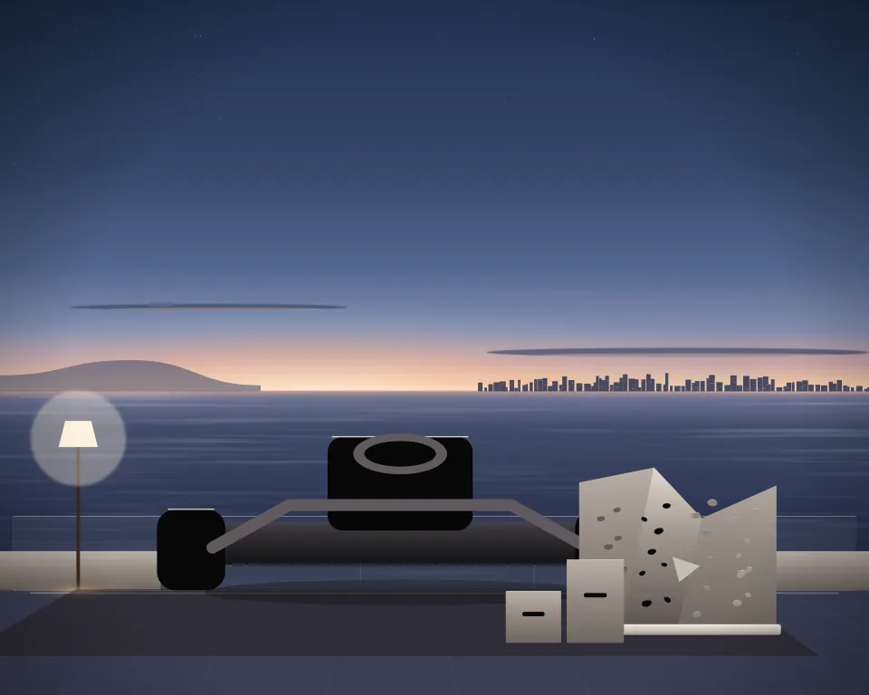 Illustration: an unmarked training kart on its tyres, with climb in a second practice bay in a generic rooftop terrace, a low equipment panorama, at blue hour with a softer horizon. Generic artwork, not a depiction of a listed venue.