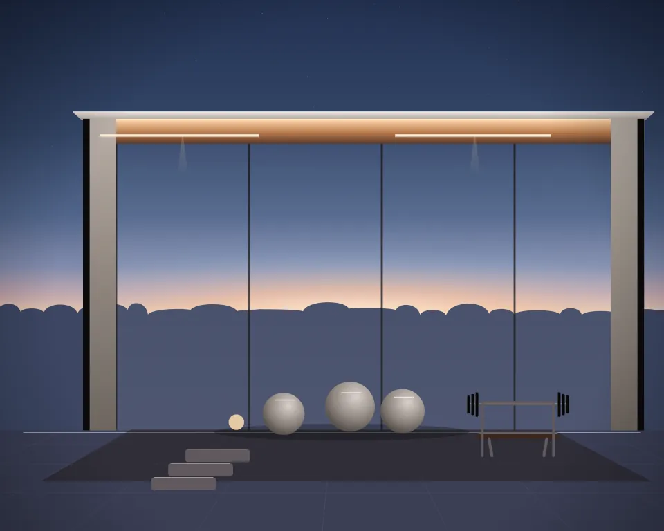 Illustration: a set of metallic boules and a small jack, with bench in a second practice bay in a generic glass training hall, a central feature and foreground equipment, at early blue hour. Generic artwork, not a depiction of a listed venue.