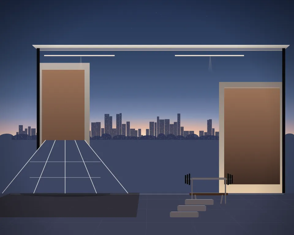 Illustration: a set of empty running-practice lanes, with bench in a second practice bay in a generic urban courtyard, three separate practice zones, at late blue hour. Generic artwork, not a depiction of a listed venue.