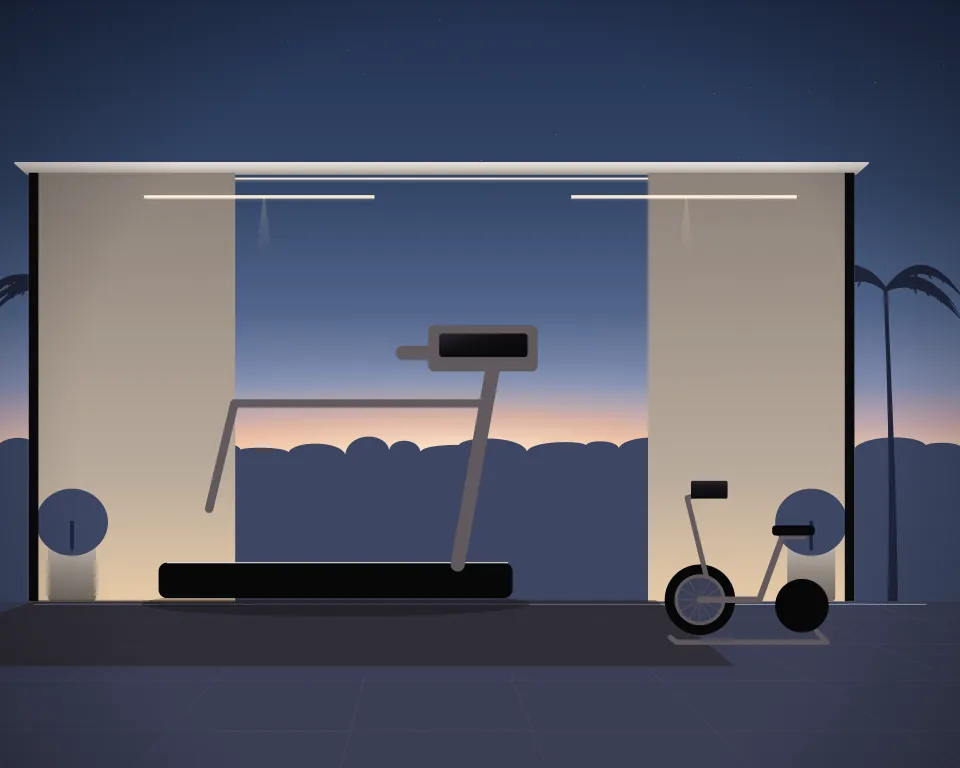 Illustration: a treadmill with a blank console, with airbike in a second practice bay in a generic garden studio, an offset equipment view, at early blue hour. Generic artwork, not a depiction of a listed venue.