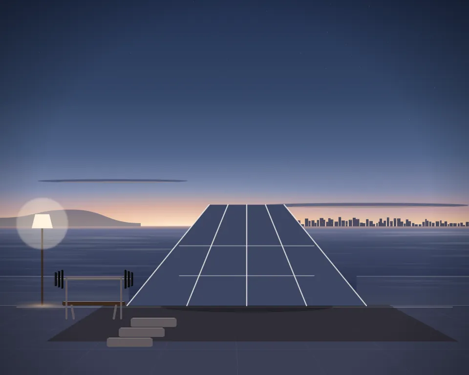 Illustration: a set of empty running-practice lanes, with bench in a second practice bay in a generic beach deck, a central feature and foreground equipment, at blue hour with a softer horizon. Generic artwork, not a depiction of a listed venue.