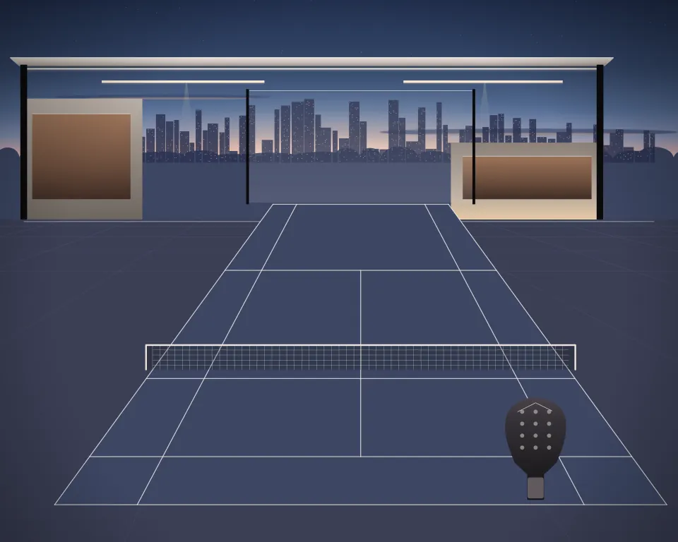 Illustration: a padel court with a full net, court markings and a racket in a generic urban courtyard, a close central equipment study, at early blue hour. Generic artwork, not a depiction of a listed venue.