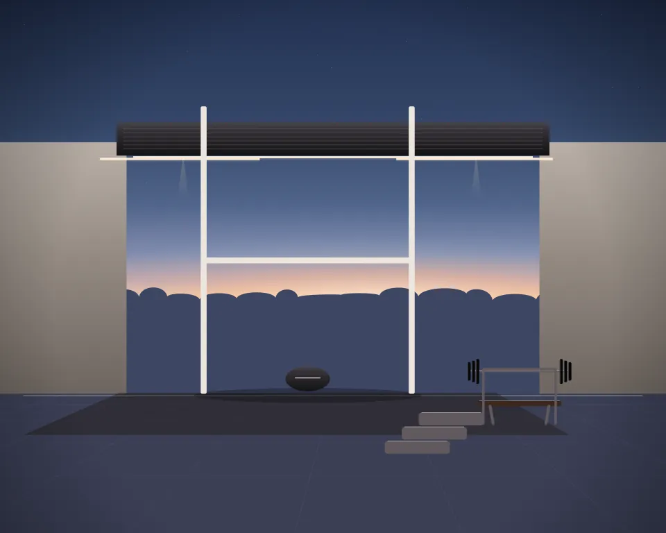 Illustration: rugby goalposts and a practice ball, with bench in a second practice bay in a generic warehouse bay, a close central equipment study, at late blue hour. Generic artwork, not a depiction of a listed venue.