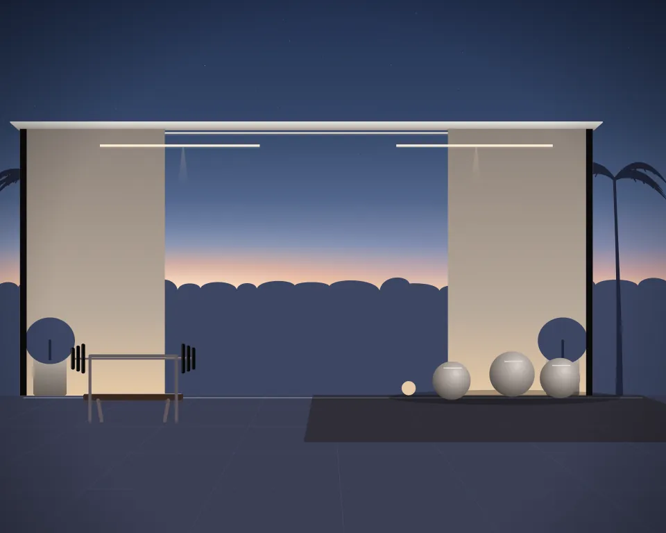 Illustration: a set of metallic boules and a small jack, with bench in a second practice bay in a generic garden studio, a right-weighted view, at early blue hour. Generic artwork, not a depiction of a listed venue.