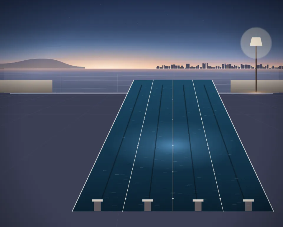 Illustration: a lap pool with distinct lane ropes, starting blocks and submerged blue lighting in a generic rooftop terrace, a tall station at the right, at early blue hour. Generic artwork, not a depiction of a listed venue.