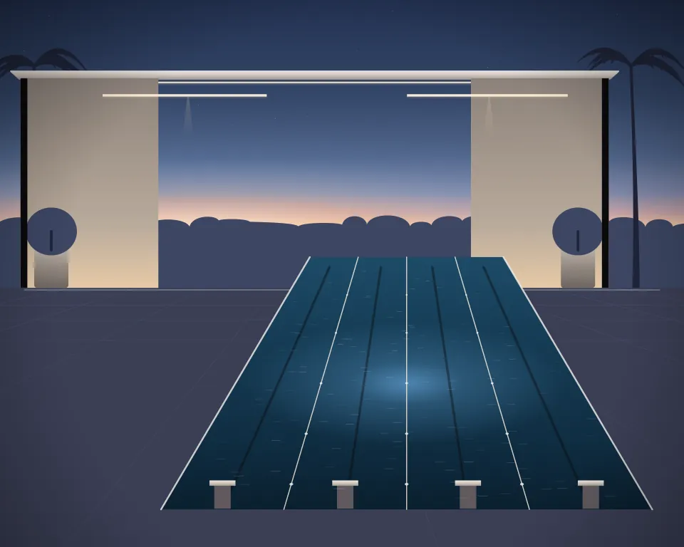 Illustration: a lap pool with distinct lane ropes, starting blocks and submerged blue lighting in a generic garden studio, a tall station at the right, at blue hour with a softer horizon. Generic artwork, not a depiction of a listed venue.