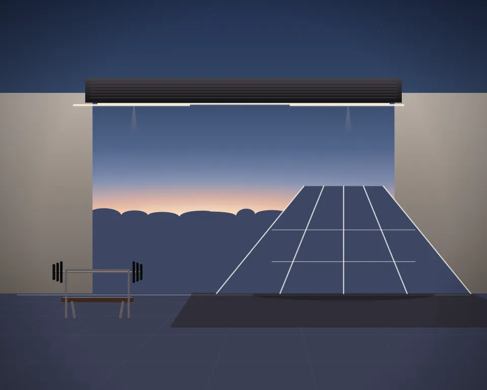 Illustration: a set of empty running-practice lanes, with bench in a second practice bay in a generic warehouse bay, a right-weighted view, at late blue hour. Generic artwork, not a depiction of a listed venue.