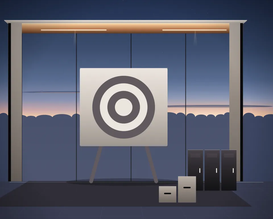 Illustration: a neutral concentric-ring practice target on a stand, with lockers in a second practice bay in a generic glass training hall, a low equipment panorama, at late blue hour. Generic artwork, not a depiction of a listed venue.