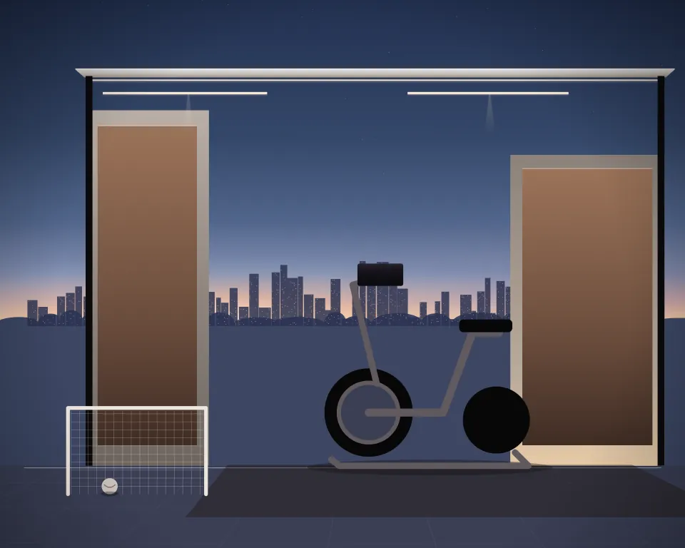 Illustration: a stationary training bicycle, with goal in a second practice bay in a generic urban courtyard, a tall station at the right, at early blue hour. Generic artwork, not a depiction of a listed venue.