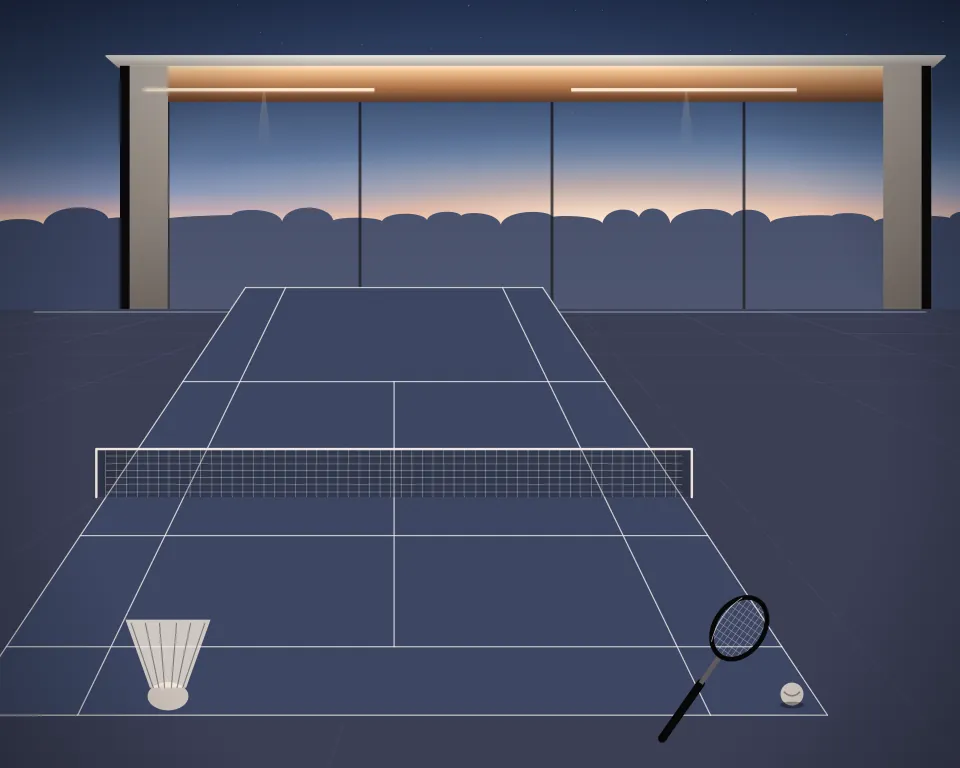 Illustration: a badminton court with a full net, court markings and a shuttlecock in a generic glass training hall, a low equipment panorama, at blue hour with a softer horizon. Generic artwork, not a depiction of a listed venue.