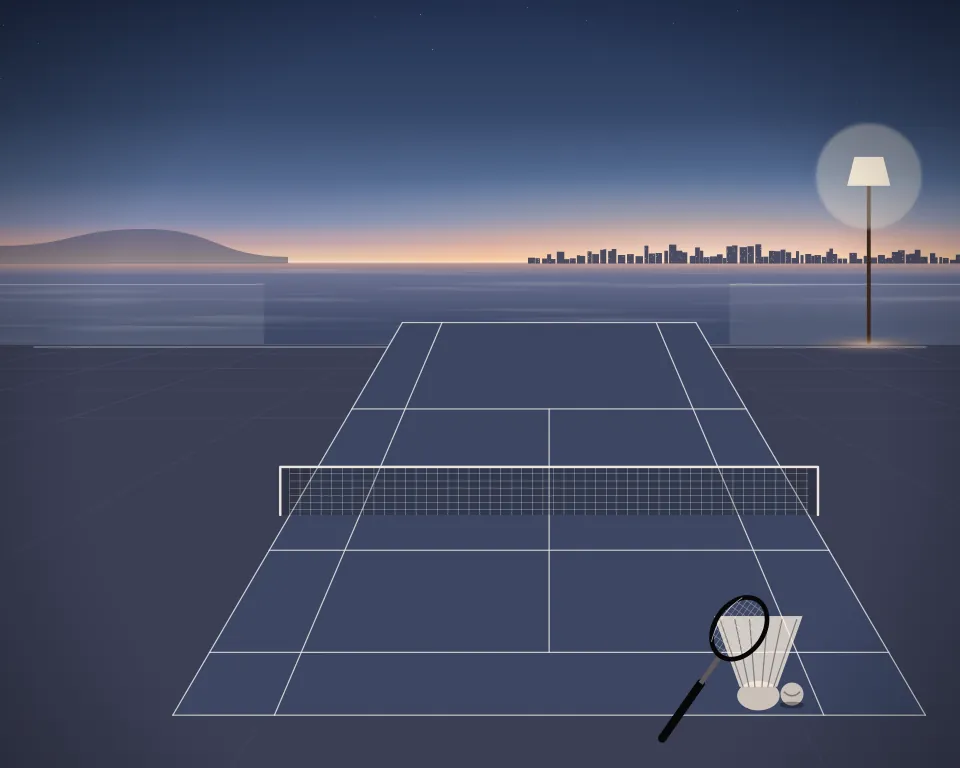 Illustration: a badminton court with a full net, court markings and a shuttlecock in a generic beach deck, a central feature and foreground equipment, at early blue hour. Generic artwork, not a depiction of a listed venue.