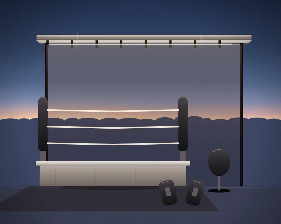 Illustration: a raised training ring with canvas apron and padded corners, with teardrop in a second practice bay in a generic open training canopy, a low equipment panorama, at early blue hour. Generic artwork, not a depiction of a listed venue.