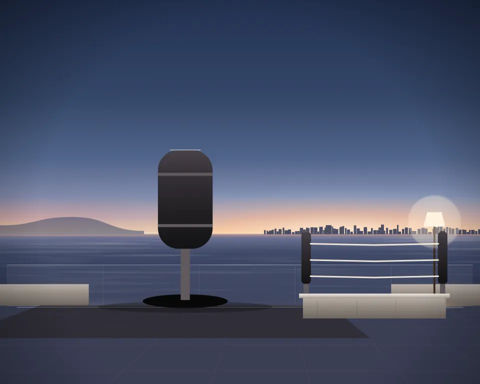 Illustration: a free-standing heavy training bag, with ring in a second practice bay in a generic rooftop terrace, an offset equipment view, at late blue hour. Generic artwork, not a depiction of a listed venue.