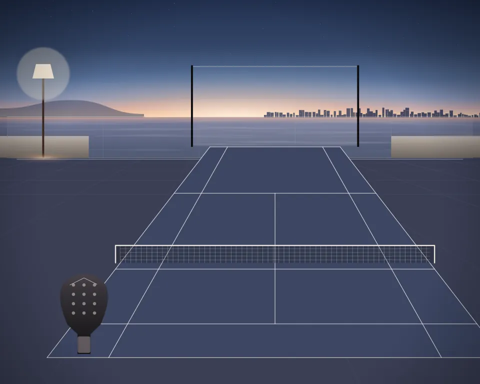 Illustration: a padel court with a full net, court markings and a racket in a generic rooftop terrace, a tall station at the right, at early blue hour. Generic artwork, not a depiction of a listed venue.