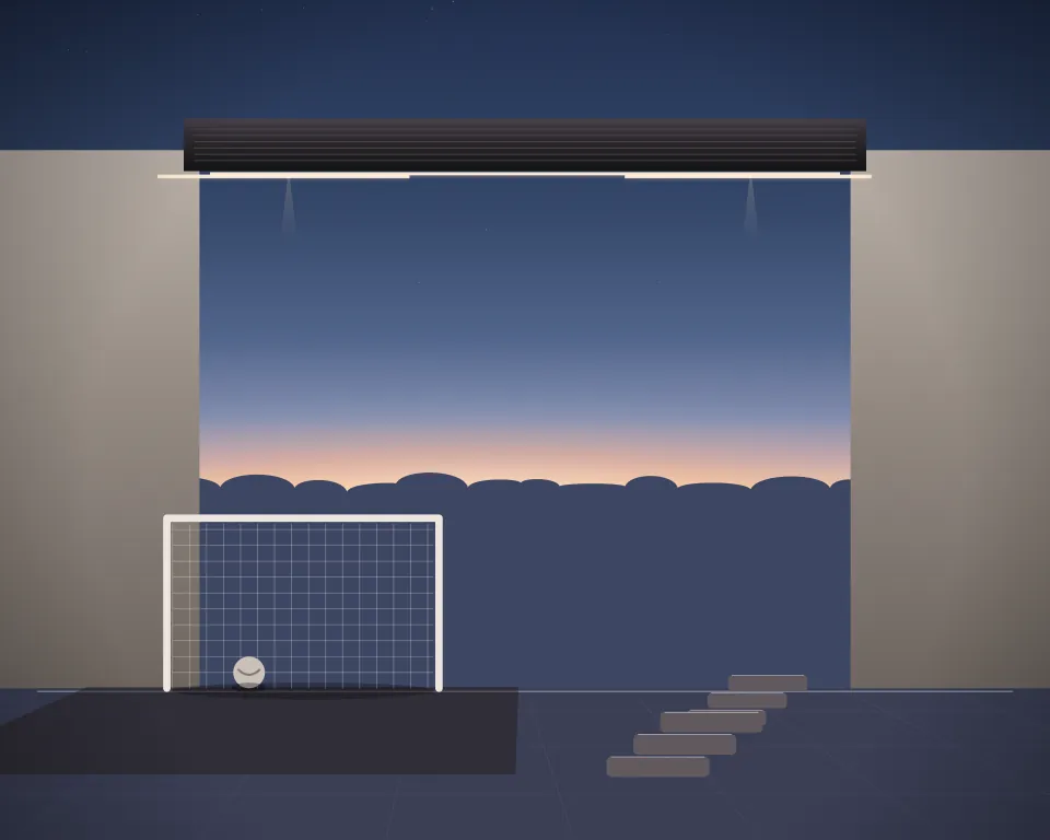 Illustration: a small netted football goal and ball, with steps in a second practice bay in a generic warehouse bay, three separate practice zones, at late blue hour. Generic artwork, not a depiction of a listed venue.