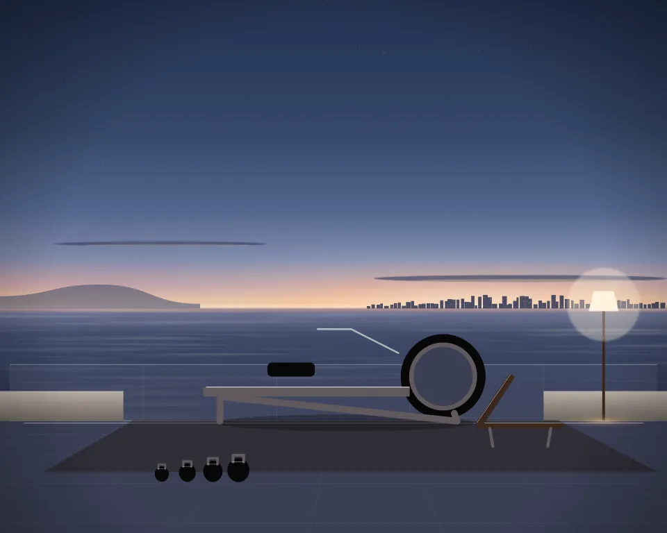 Illustration: a rowing machine, with incline in a second practice bay in a generic rooftop terrace, a central feature and foreground equipment, at early blue hour. Generic artwork, not a depiction of a listed venue.