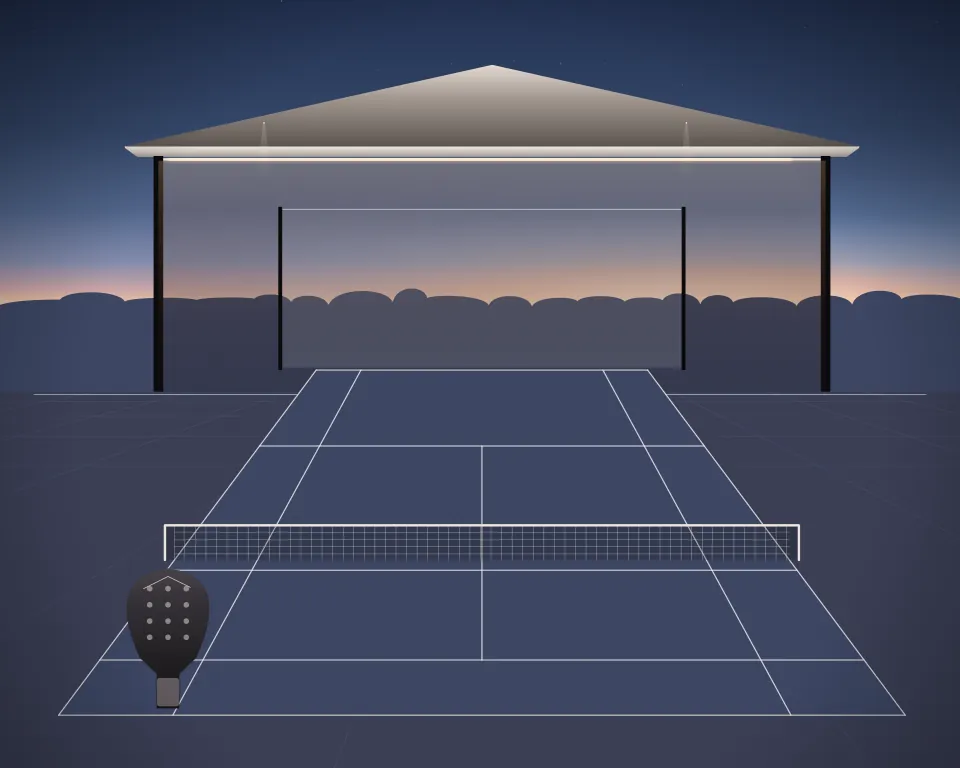Illustration: a padel court with a full net, court markings and a racket in a generic open training canopy, three separate practice zones, at blue hour with a softer horizon. Generic artwork, not a depiction of a listed venue.