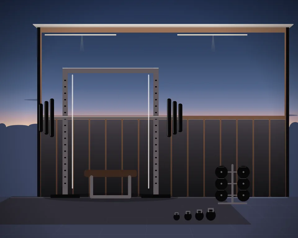 Illustration: a guided barbell station, with plates in a second practice bay in a generic dojo room, a low equipment panorama, at blue hour with a softer horizon. Generic artwork, not a depiction of a listed venue.