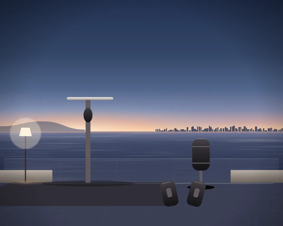 Illustration: a speed-bag platform, with bag in a second practice bay in a generic rooftop terrace, three separate practice zones, at blue hour with a softer horizon. Generic artwork, not a depiction of a listed venue.