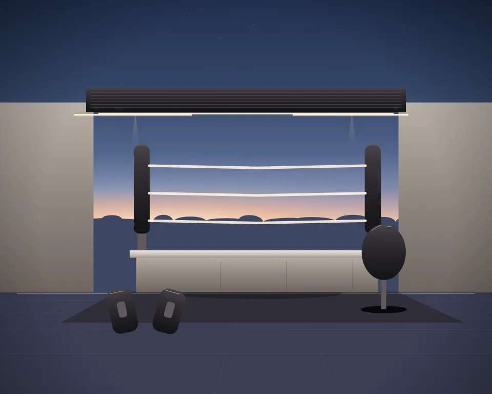 Illustration: a raised training ring with canvas apron and padded corners, with teardrop in a second practice bay in a generic warehouse bay, a close central equipment study, at late blue hour. Generic artwork, not a depiction of a listed venue.