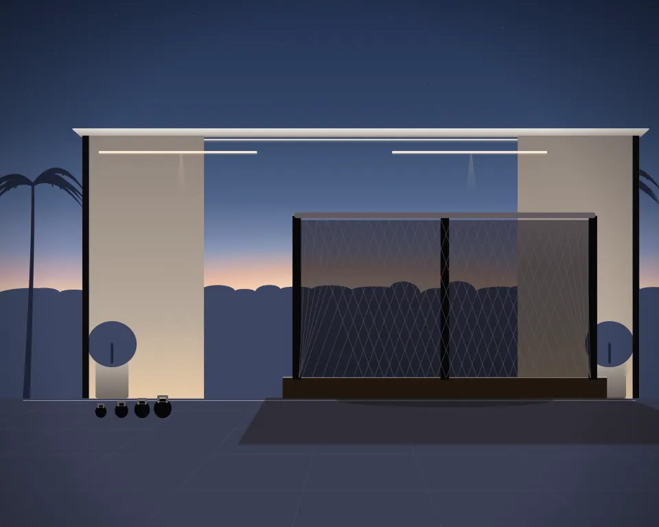 Illustration: a padded MMA cage, with kettlebells in a second practice bay in a generic garden studio, a right-weighted view, at late blue hour. Generic artwork, not a depiction of a listed venue.
