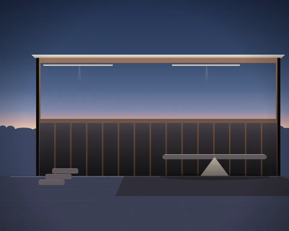 Illustration: a low balance station, with steps in a second practice bay in a generic dojo room, a right-weighted view, at blue hour with a softer horizon. Generic artwork, not a depiction of a listed venue.