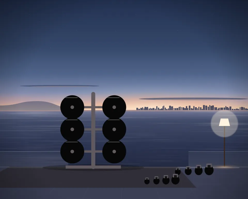 Illustration: a weight-plate storage tree, with kettlebells in a second practice bay in a generic beach deck, a low equipment panorama, at early blue hour. Generic artwork, not a depiction of a listed venue.