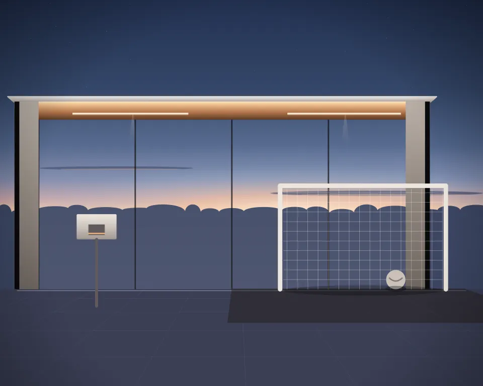 Illustration: a small netted football goal and ball, with basket in a second practice bay in a generic glass training hall, a right-weighted view, at late blue hour. Generic artwork, not a depiction of a listed venue.