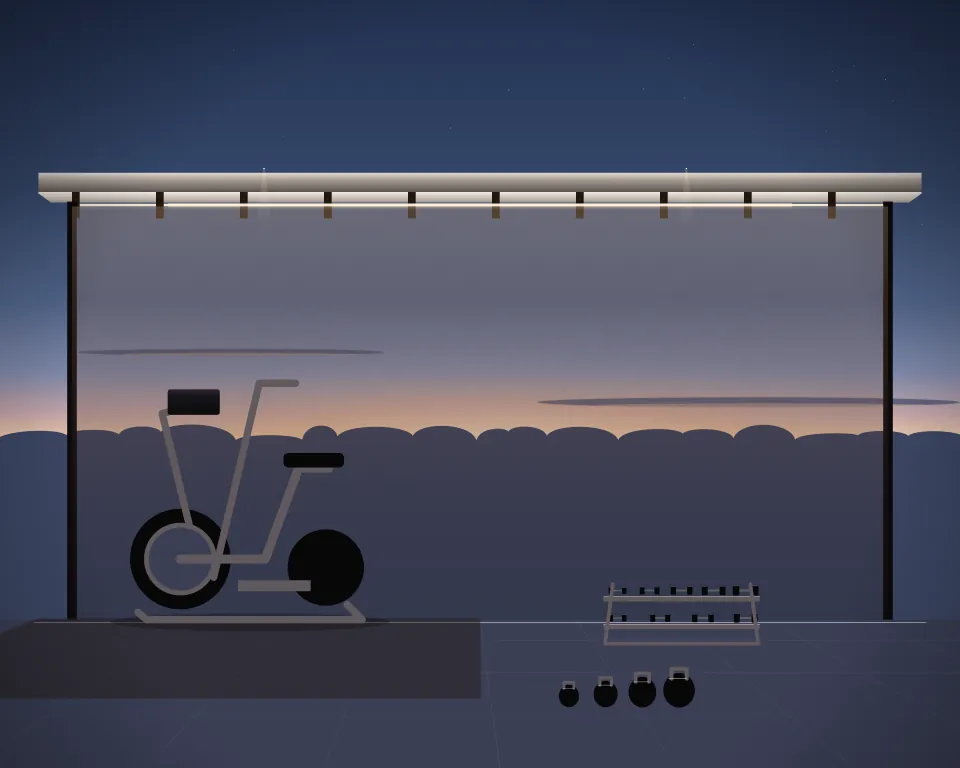 Illustration: an elliptical trainer, with dumbbell storage in a second practice bay in a generic open training canopy, three separate practice zones, at late blue hour. Generic artwork, not a depiction of a listed venue.
