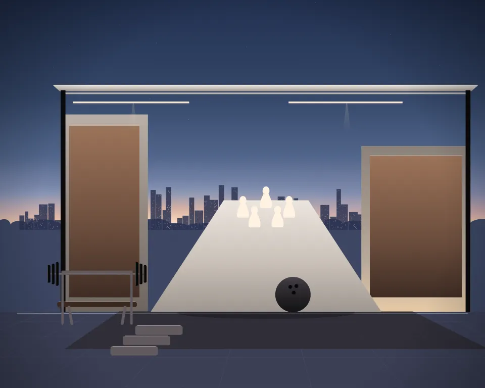 Illustration: an unmarked bowling lane with pins and a bowling ball, with bench in a second practice bay in a generic urban courtyard, a central feature and foreground equipment, at late blue hour. Generic artwork, not a depiction of a listed venue.