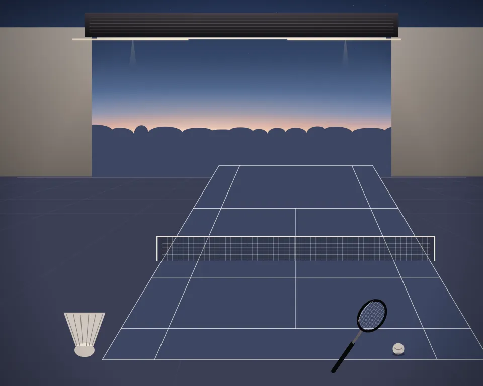 Illustration: a badminton court with a full net, court markings and a shuttlecock in a generic warehouse bay, a tall station at the right, at early blue hour. Generic artwork, not a depiction of a listed venue.