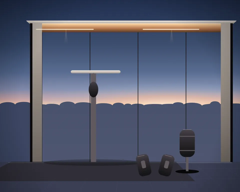 Illustration: a speed-bag platform, with bag in a second practice bay in a generic glass training hall, a low equipment panorama, at blue hour with a softer horizon. Generic artwork, not a depiction of a listed venue.