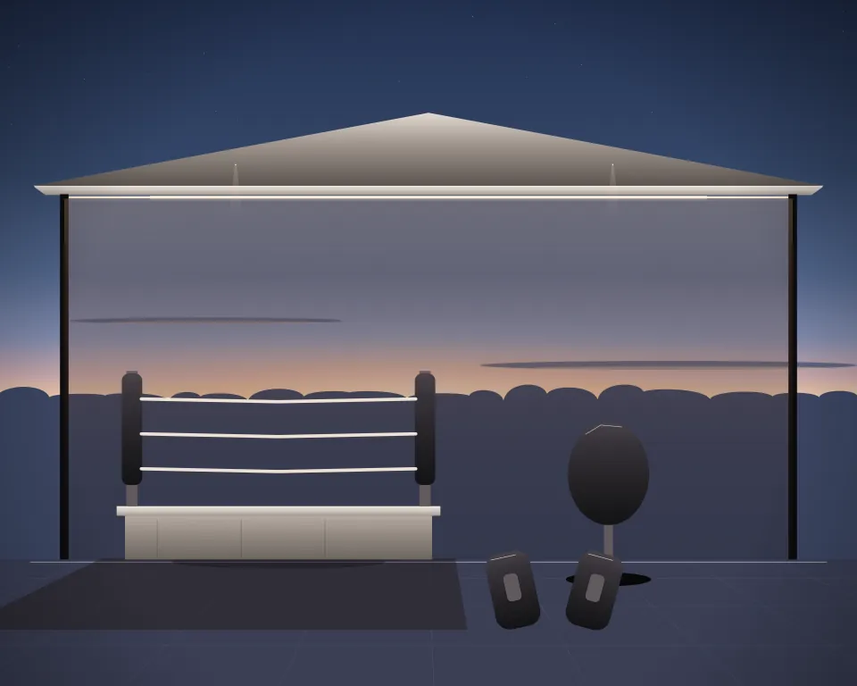 Illustration: a raised training ring with canvas apron and padded corners, with teardrop in a second practice bay in a generic open training canopy, three separate practice zones, at early blue hour. Generic artwork, not a depiction of a listed venue.