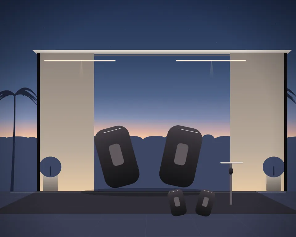 Illustration: a pair of kick shields, with speedbag in a second practice bay in a generic garden studio, a central feature and foreground equipment, at late blue hour. Generic artwork, not a depiction of a listed venue.