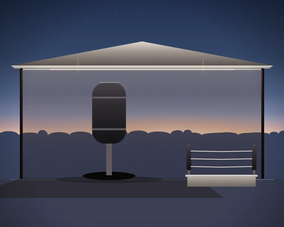 Illustration: a free-standing heavy training bag, with ring in a second practice bay in a generic open training canopy, an offset equipment view, at blue hour with a softer horizon. Generic artwork, not a depiction of a listed venue.