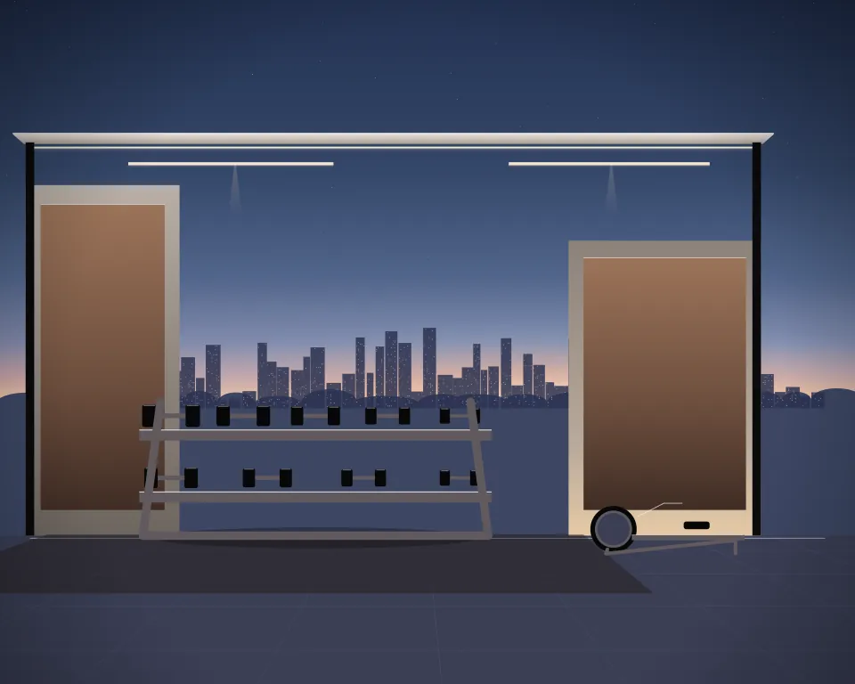 Illustration: a two-tier dumbbell gallery, with rower in a second practice bay in a generic urban courtyard, an offset equipment view, at late blue hour. Generic artwork, not a depiction of a listed venue.