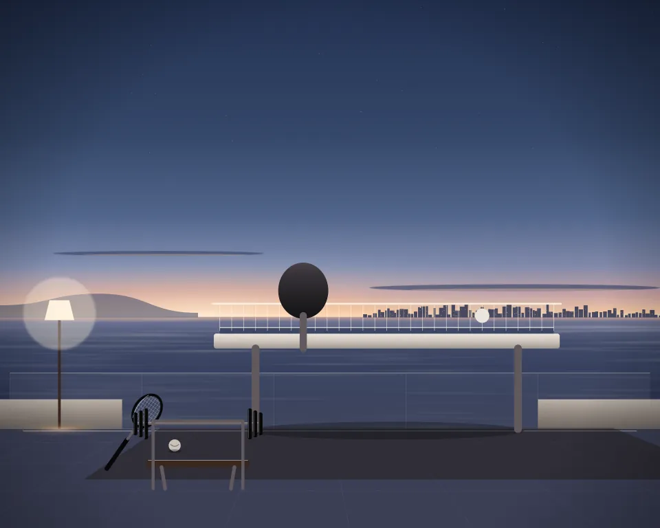 Illustration: a table-tennis table with net, paddle and ball, with racket in a second practice bay in a generic rooftop terrace, a central feature and foreground equipment, at early blue hour. Generic artwork, not a depiction of a listed venue.