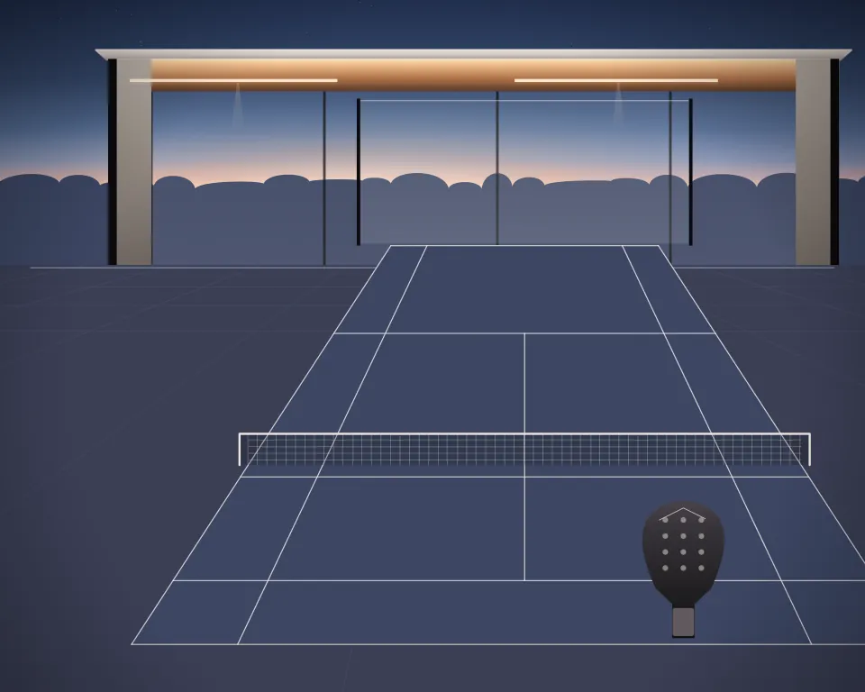 Illustration: a padel court with a full net, court markings and a racket in a generic glass training hall, an offset equipment view, at blue hour with a softer horizon. Generic artwork, not a depiction of a listed venue.