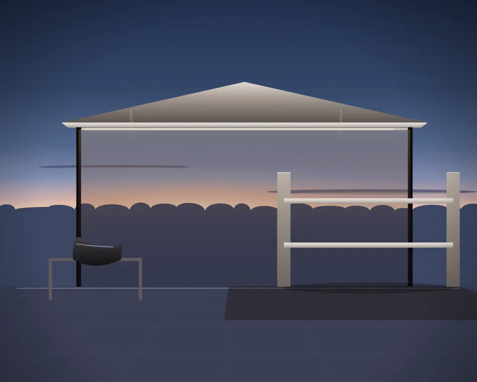 Illustration: a show-jump practice rail, with saddle in a second practice bay in a generic open training canopy, a right-weighted view, at early blue hour. Generic artwork, not a depiction of a listed venue.