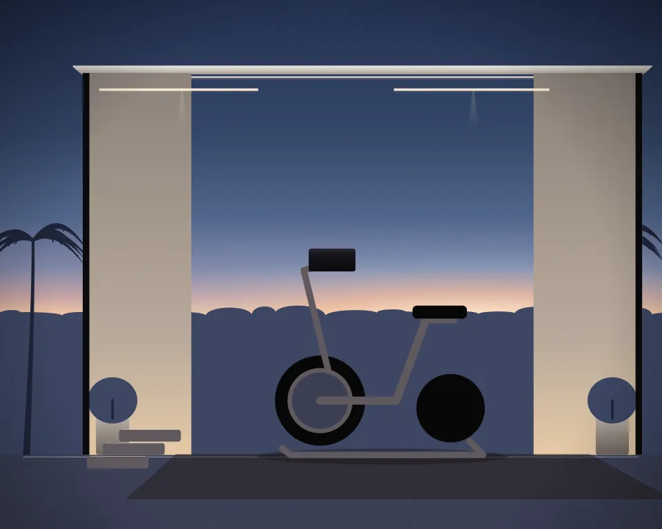 Illustration: a stationary training bicycle, with steps in a second practice bay in a generic garden studio, a tall station at the right, at early blue hour. Generic artwork, not a depiction of a listed venue.