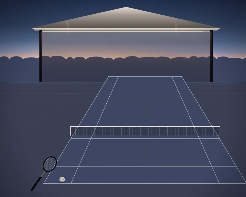 Illustration: a tennis court with a full net, court markings and a racket in a generic open training canopy, three separate practice zones, at early blue hour. Generic artwork, not a depiction of a listed venue.