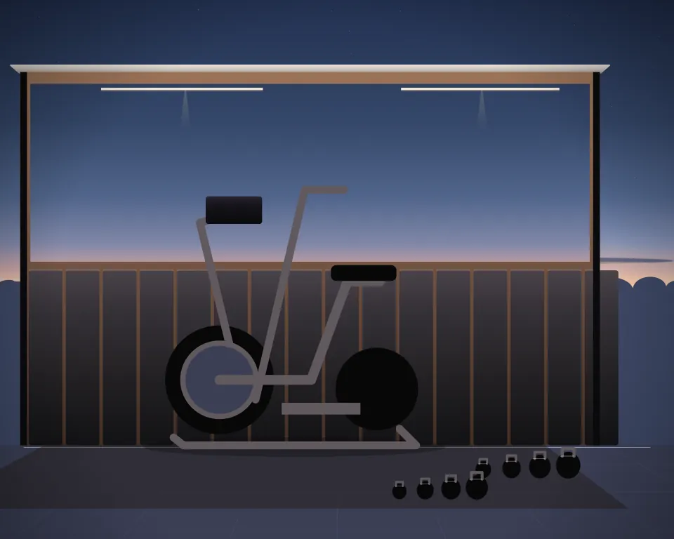 Illustration: an elliptical trainer, with kettlebells in a second practice bay in a generic dojo room, a low equipment panorama, at early blue hour. Generic artwork, not a depiction of a listed venue.