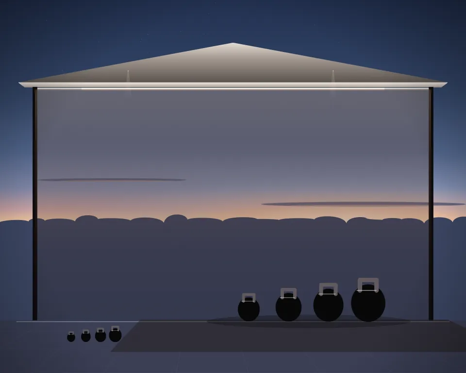 Illustration: a graduated set of kettlebells, with kettlebells in a second practice bay in a generic open training canopy, a tall station at the right, at blue hour with a softer horizon. Generic artwork, not a depiction of a listed venue.